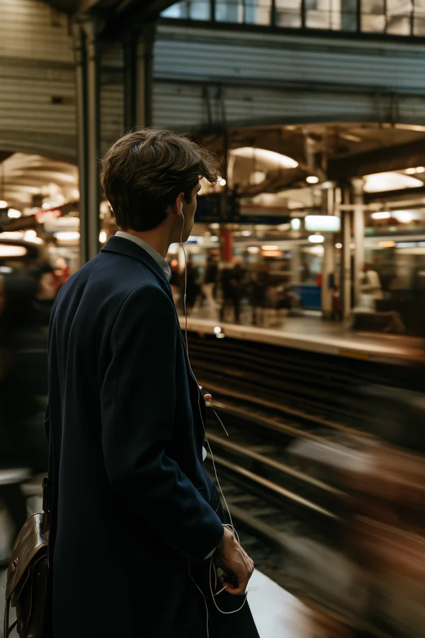 Commuter Waiting at a Busy Metro Station