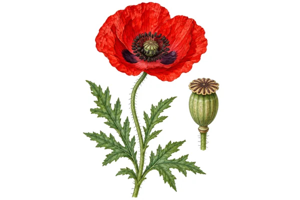 Botanical Illustration of a Red Poppy Flower