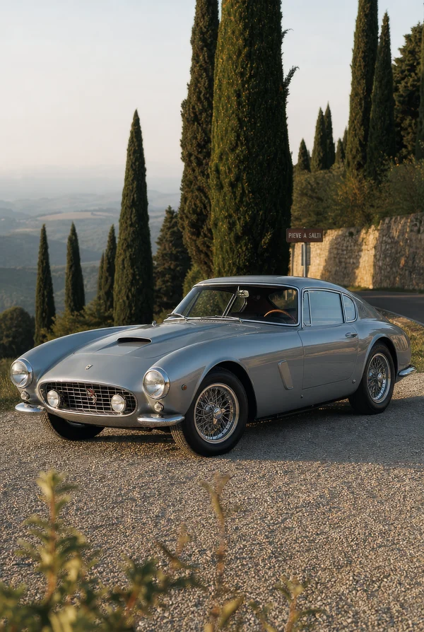 Vintage Silver Sports Car on a Tuscan Hillside