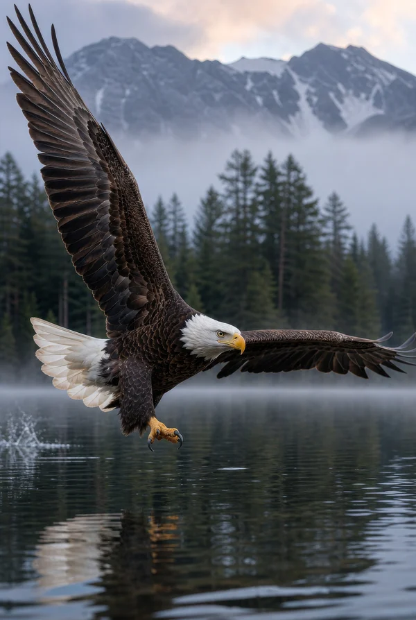 Bald Eagle Flying Over a Mountain Lake