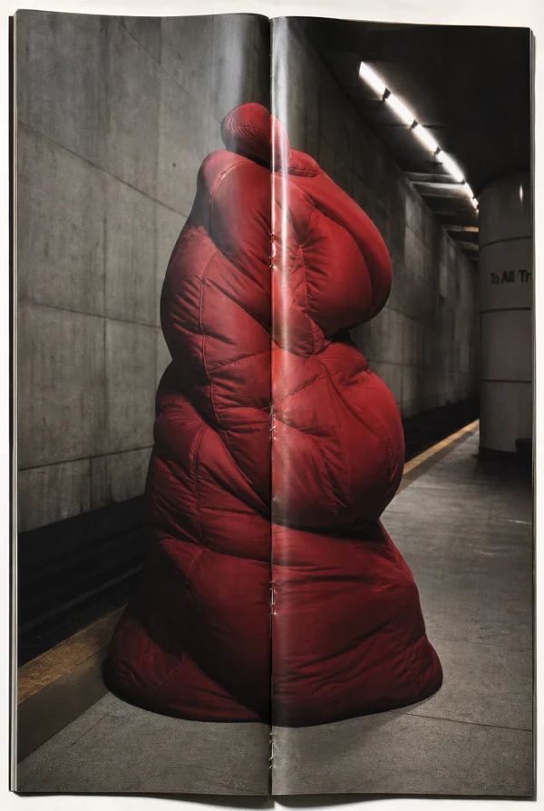 Sculptural Red Padded Form in Subway Station