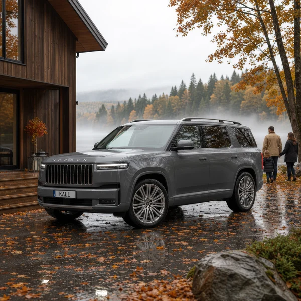Luxury SUV parked by a lakeside cabin in autumn