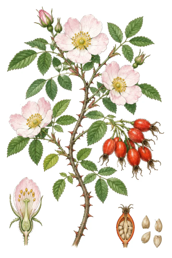 Botanical Illustration of a Wild Rose Plant