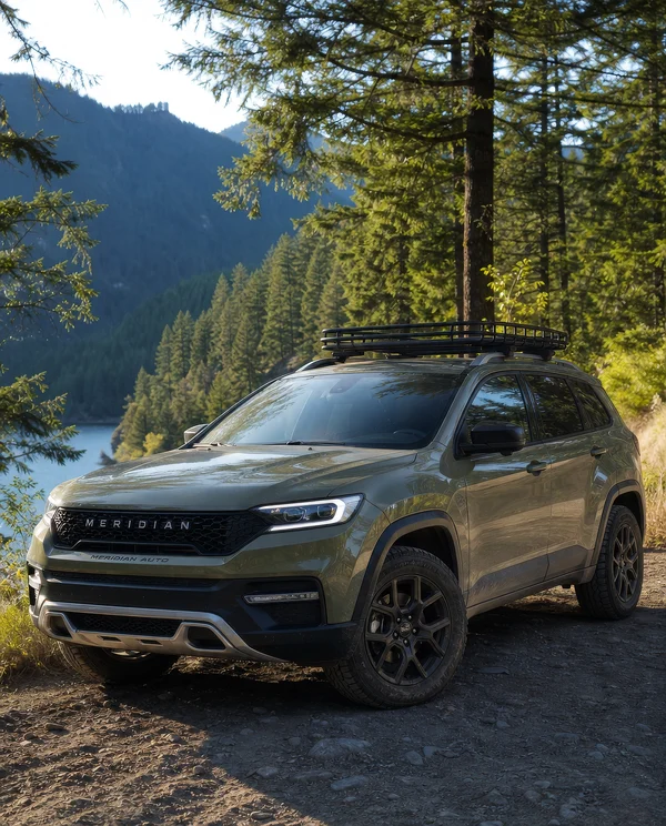 Olive Crossover SUV on a Mountain Forest Trail