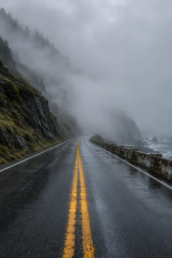 Coastal Road Through Dense Mountain Fog