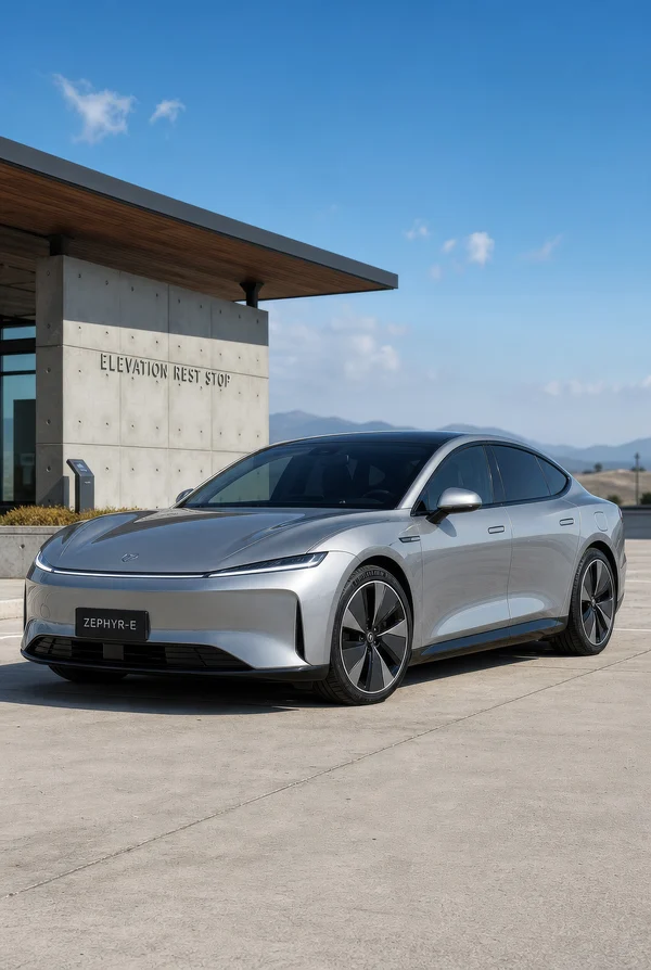 Silver Electric Sedan at a Concrete Rest Stop