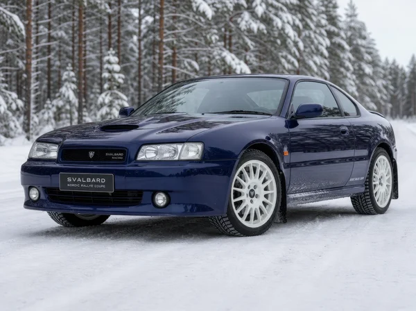 Blue Sports Coupe on Snowy Forest Road
