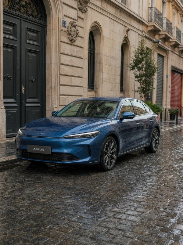 Blue Sedan Parked on Wet Cobblestone Street
