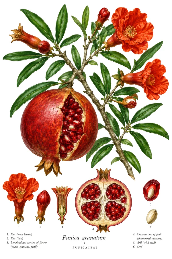 Botanical Illustration of Pomegranate Anatomy