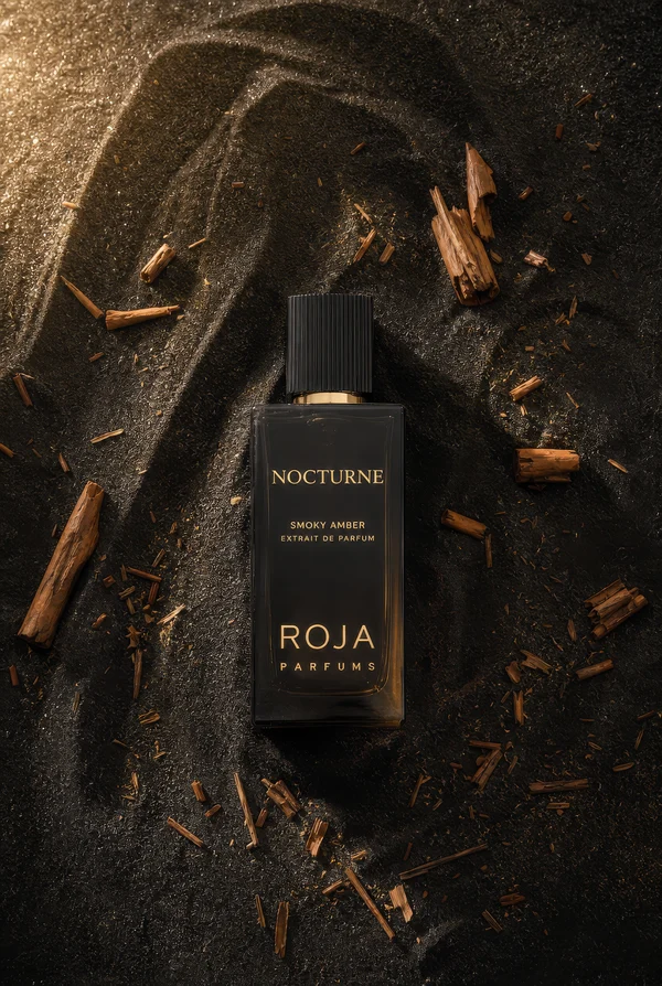 Luxury Perfume Bottle on Black Sand