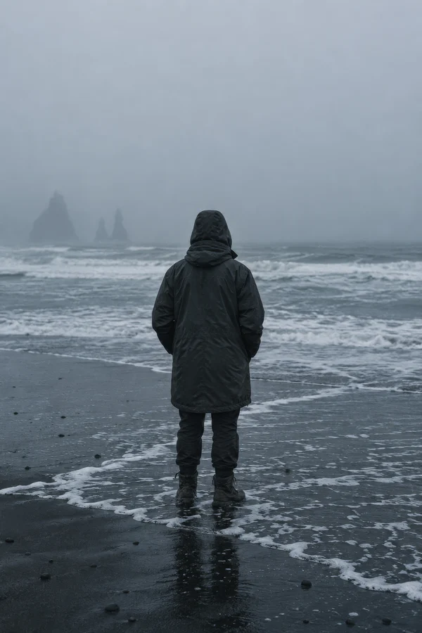 Solitary Figure on a Misty Black Sand Beach
