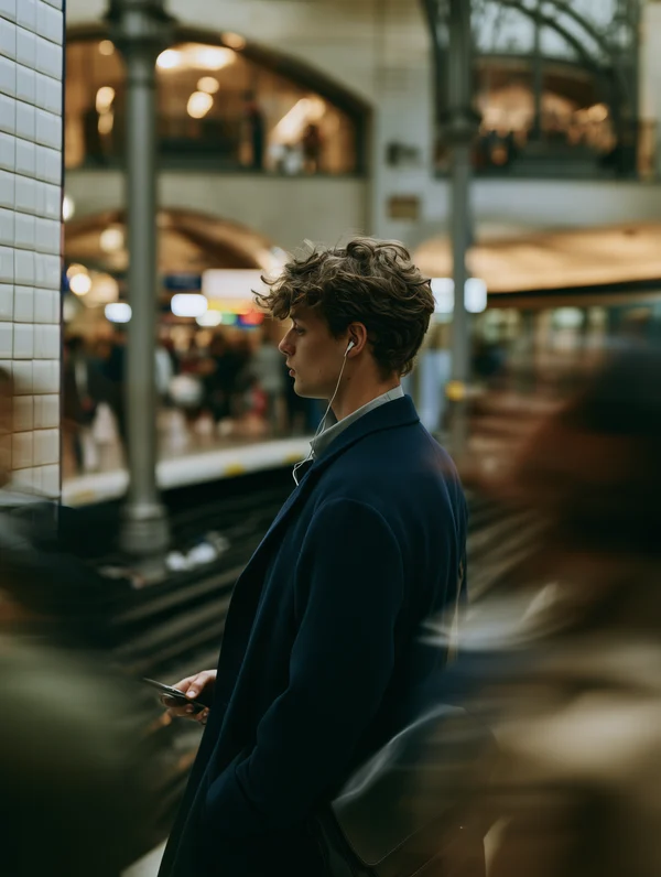Commuter Waiting at a Busy Metro Station