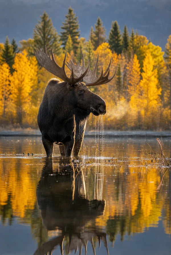 Bull Moose Standing in a Reflective Wetland