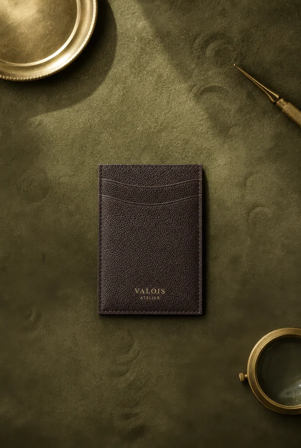 Leather Card Case on Olive Suede Background