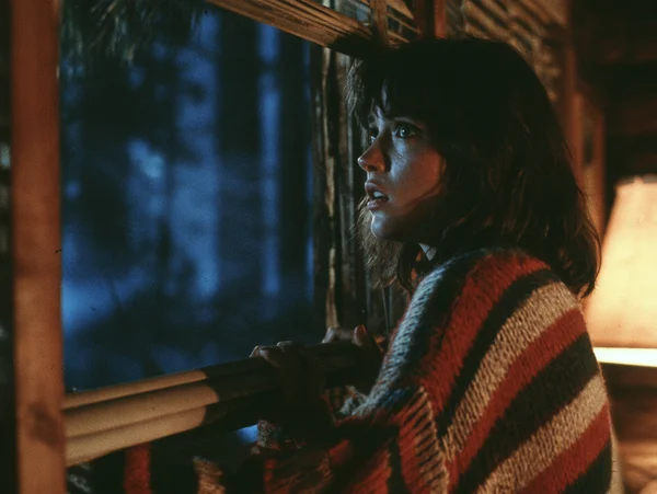 Woman Looking Through Window at Night
