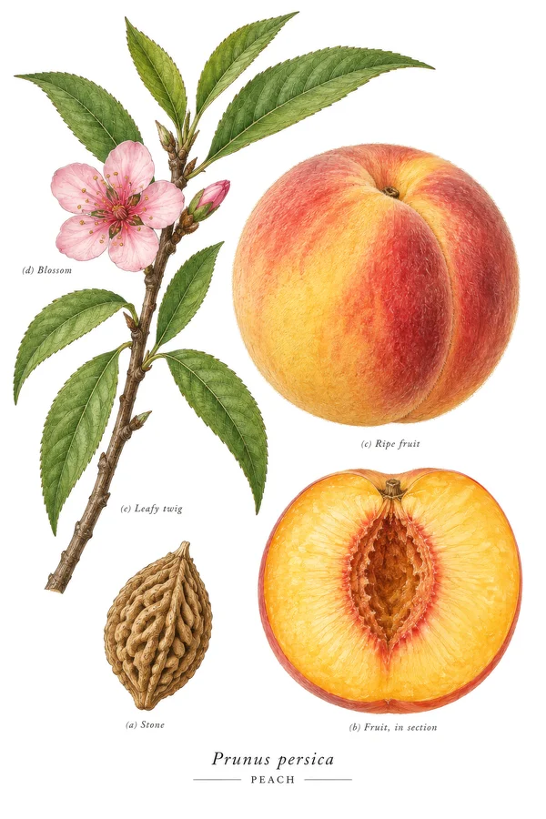 Botanical Illustration of Prunus Persica Peach