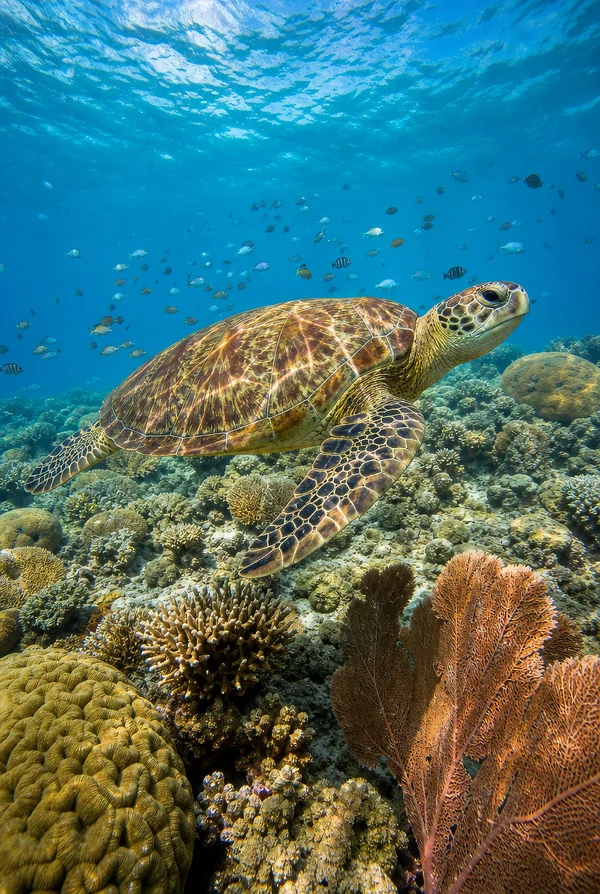 Sea Turtle Gliding Over a Vibrant Coral Reef