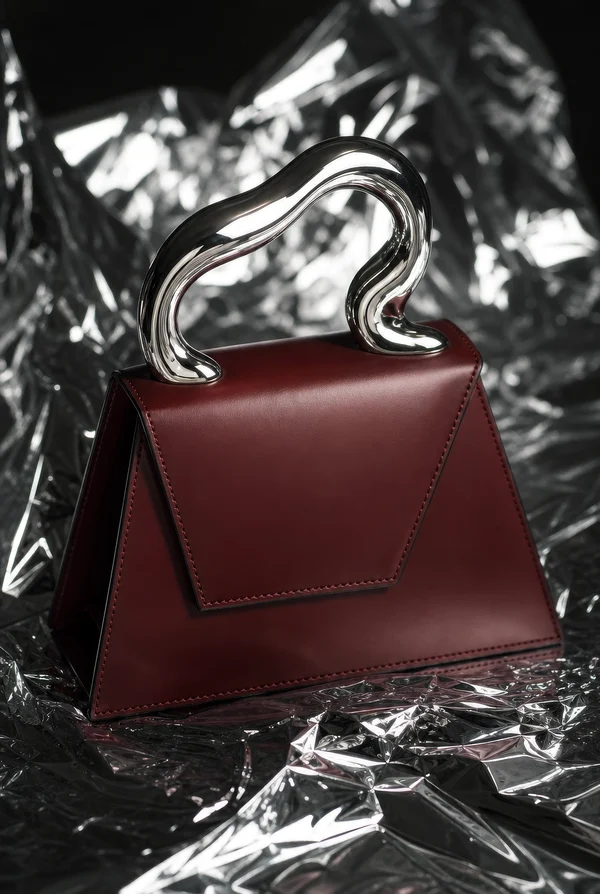Burgundy Leather Handbag with Chrome Handle
