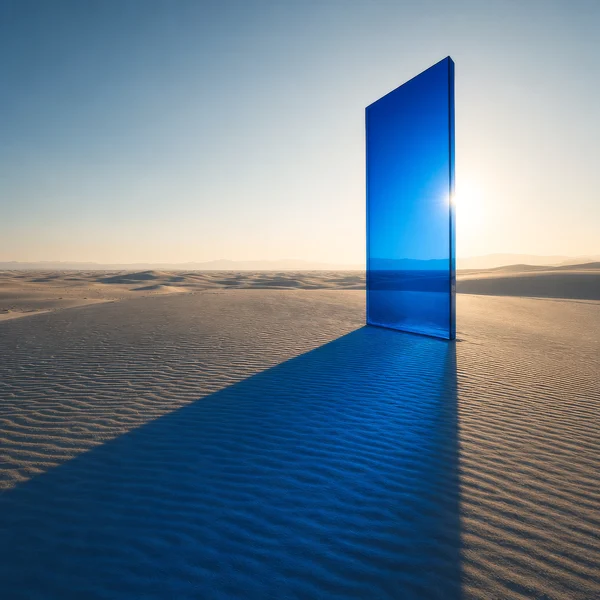 Blue Glass Monolith in a Desert Landscape