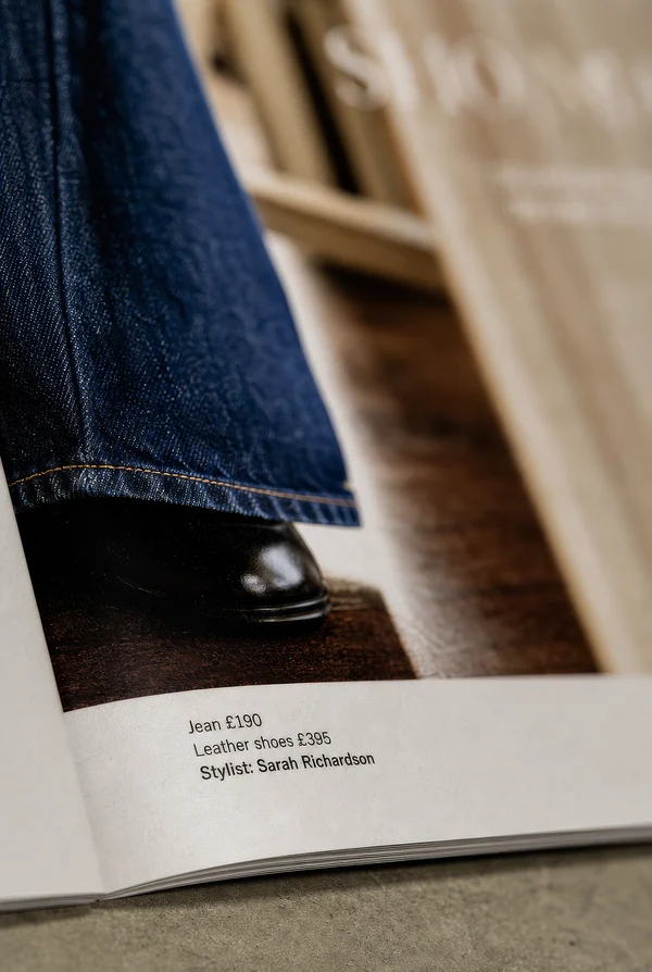 Macro View of Denim Jeans and Leather Shoes
