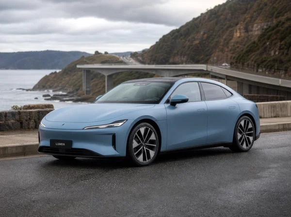 Modern Electric Coupe on a Coastal Bridge
