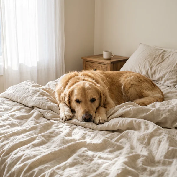 Golden Retriever Resting on Linen Bedding