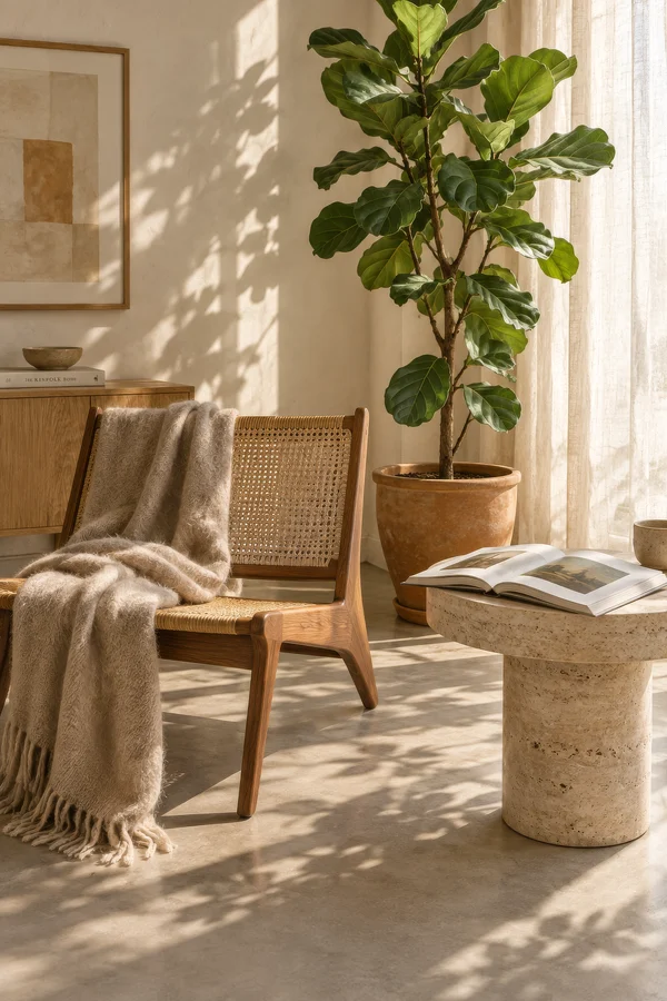Minimalist Living Room Corner with Cane Chair