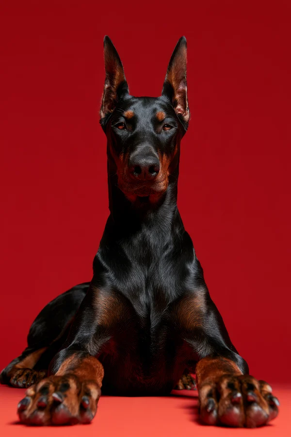 Portrait of a Doberman on Red Background