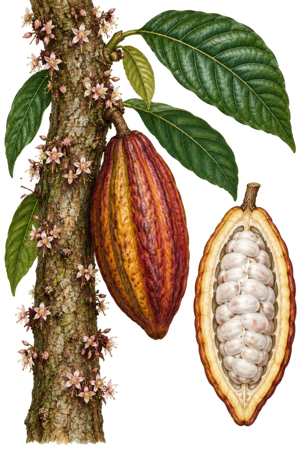 Botanical Illustration of a Cacao Tree