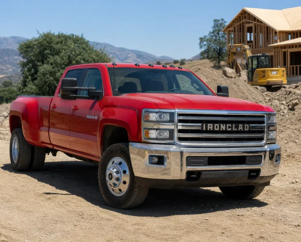 Red Heavy Duty Pickup Truck at Construction Site