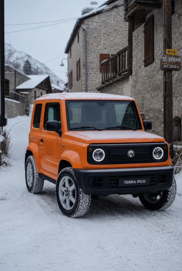Orange Compact SUV Parked on Snowy Mountain Road
