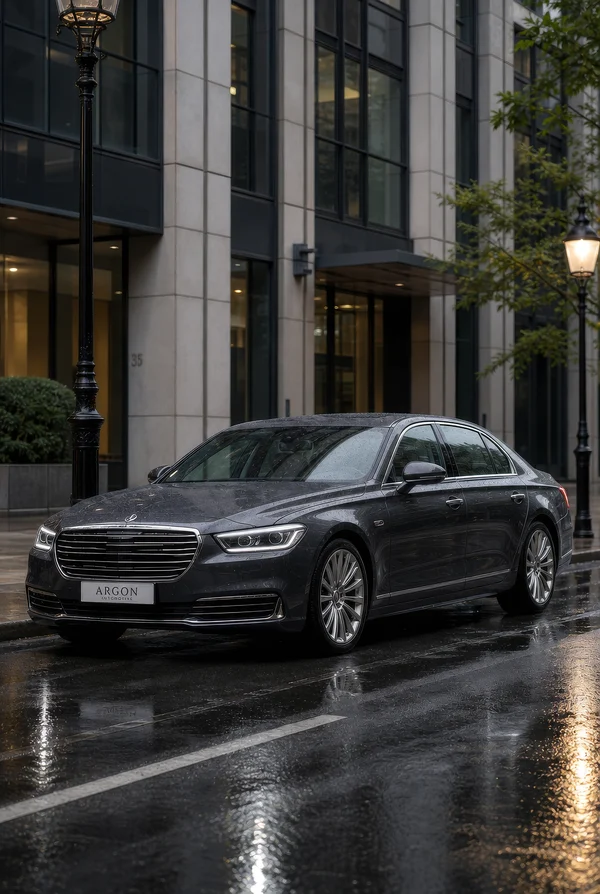 Dark Grey Sedan Parked on a Rainy City Street