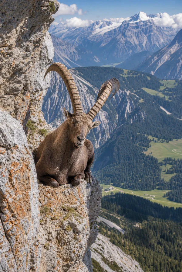 Alpine Ibex Resting on a Mountain Cliff