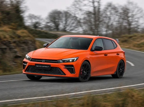 Orange Hatchback Driving on a Country Road