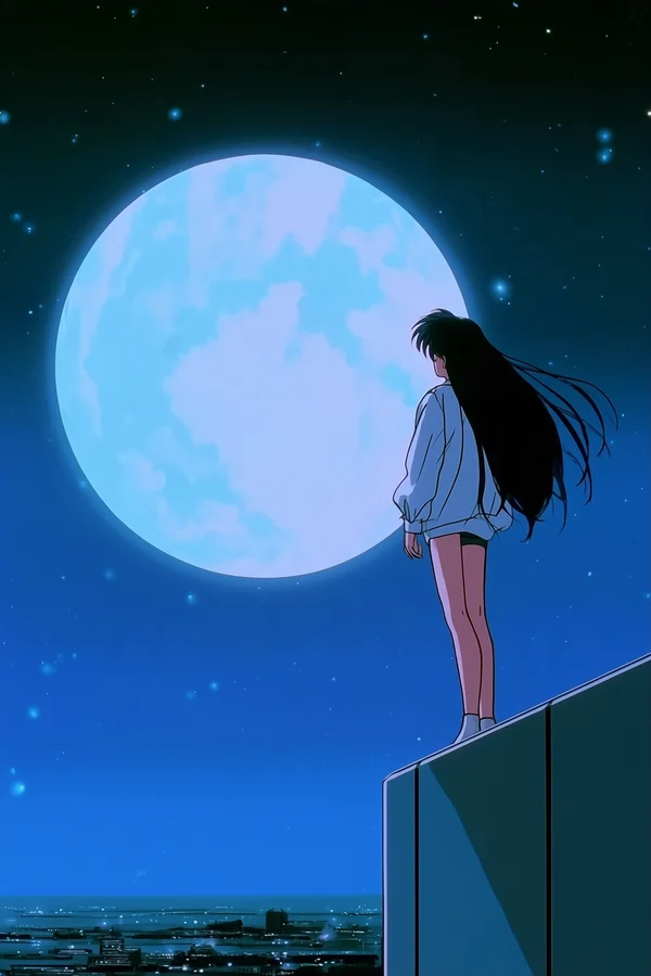 Girl Standing on a Rooftop Under a Large Moon