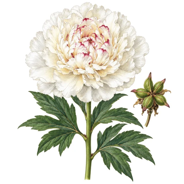 Botanical Illustration of a White Peony Flower