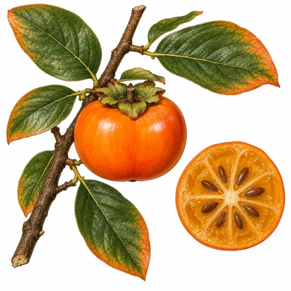 Botanical Illustration of a Persimmon Fruit