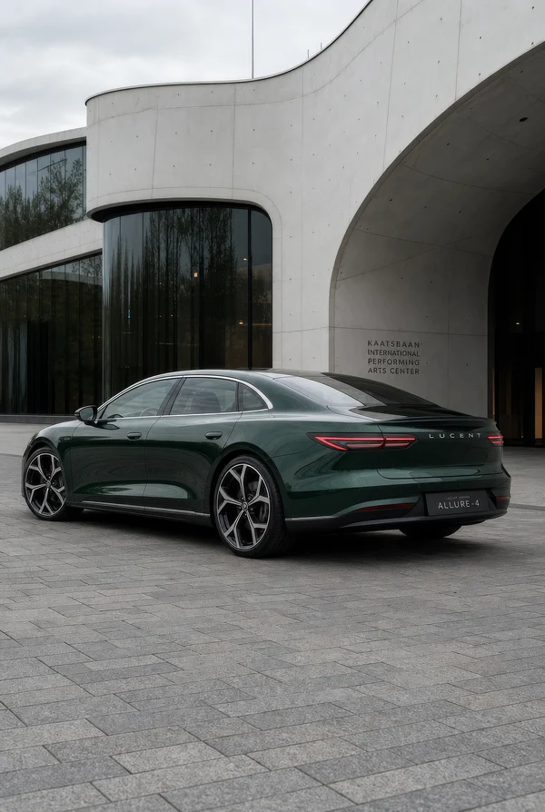 Green Sedan Parked at Modern Concrete Building