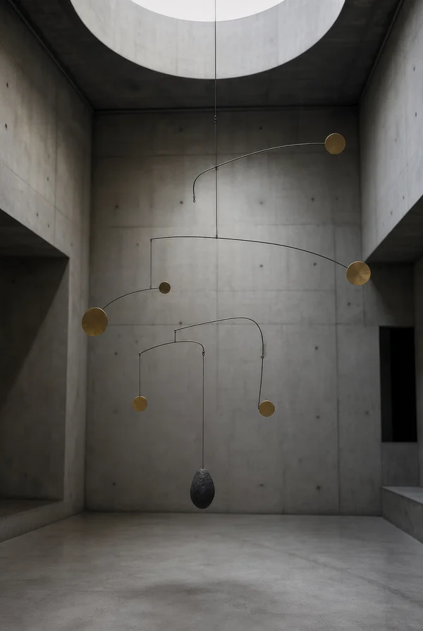Kinetic Mobile in a Brutalist Concrete Space