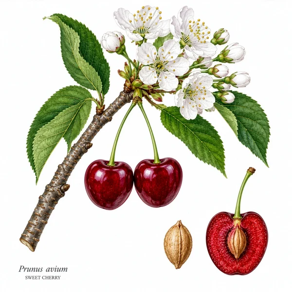 Botanical Illustration of Sweet Cherry Specimen