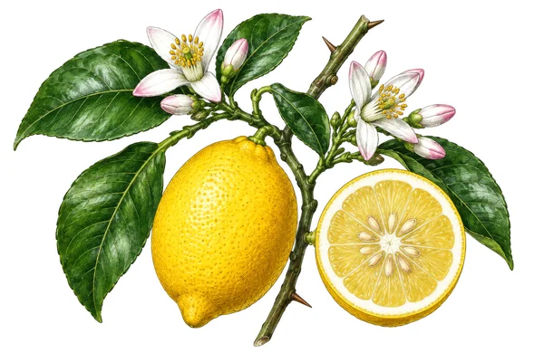 Botanical Illustration of a Lemon Branch