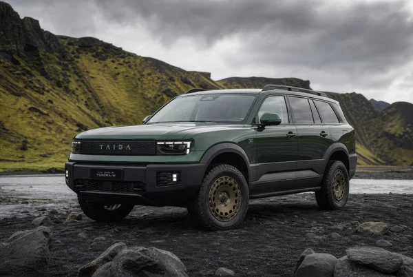 Rugged Green SUV on Volcanic Terrain