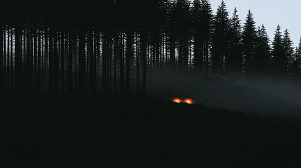 Glowing Cabin Light in a Misty Forest