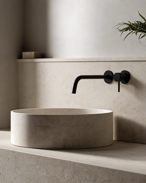 Minimalist Limestone Basin and Matte Black Tap