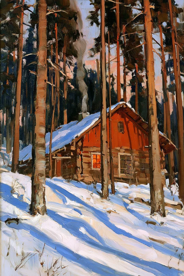 Winter Cabin in a Snowy Pine Forest