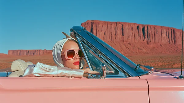 Woman in a Pink Convertible in the Desert