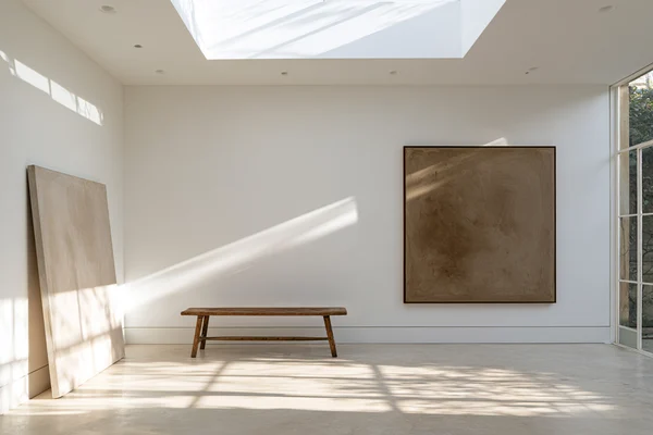 Minimalist Gallery Space with Wooden Bench