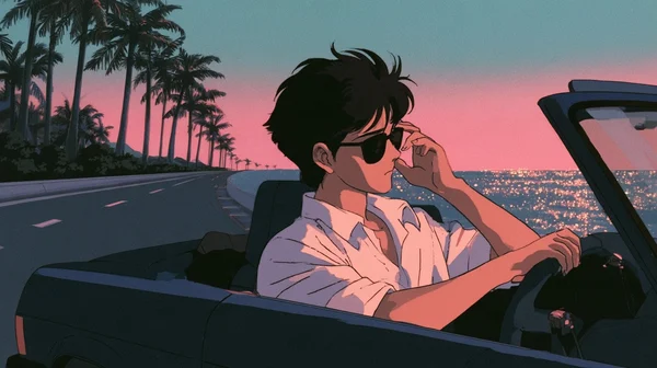 A Young Man Driving a Convertible at Sunset