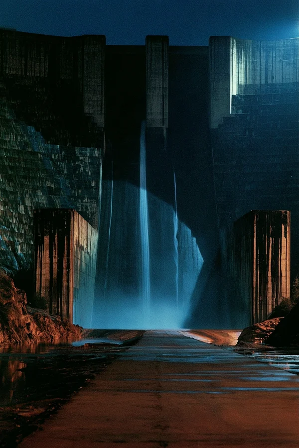 Night View of a Massive Concrete Dam Structure
