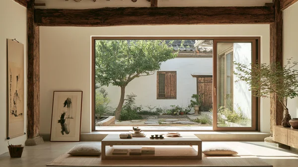 Minimalist Living Room with Courtyard View